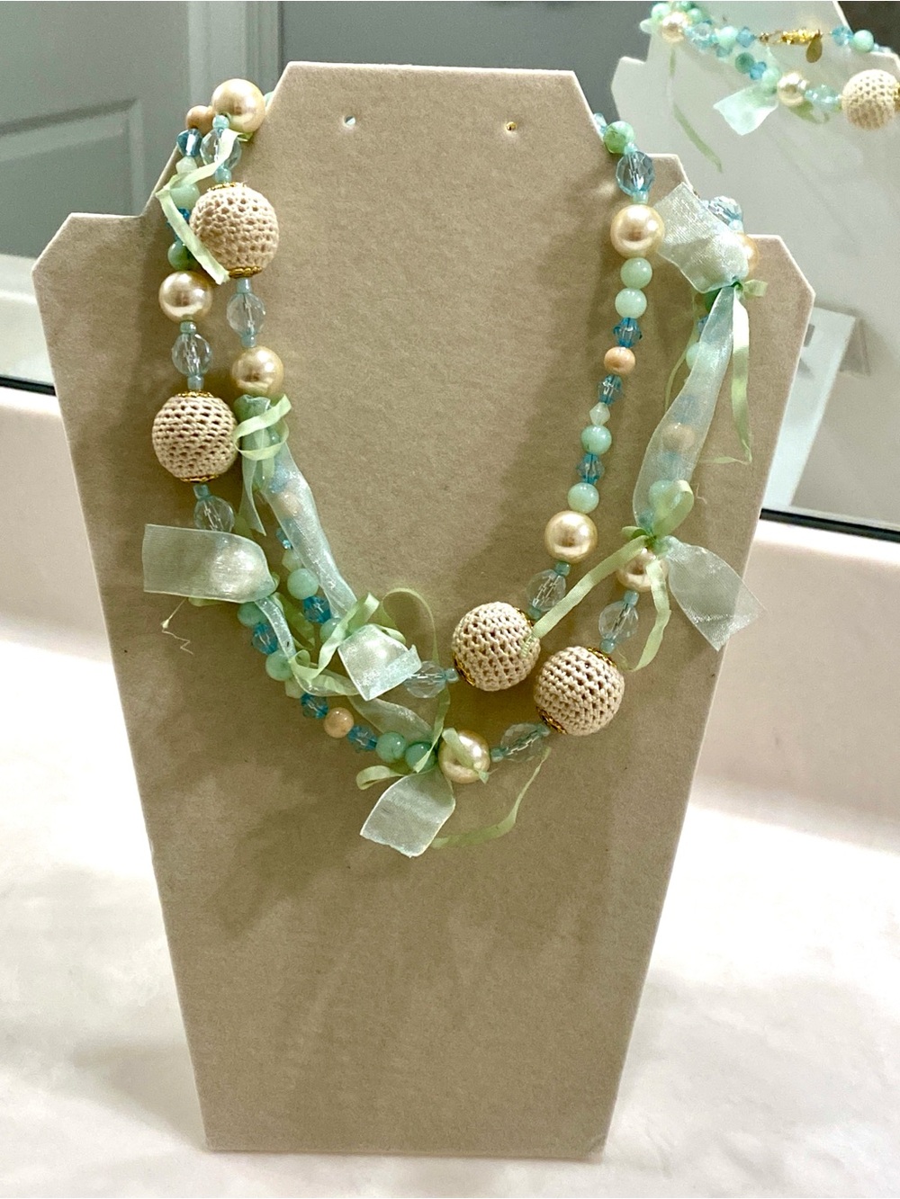 Unique Vintage Robert Rose Beaded Necklace with Ribbons